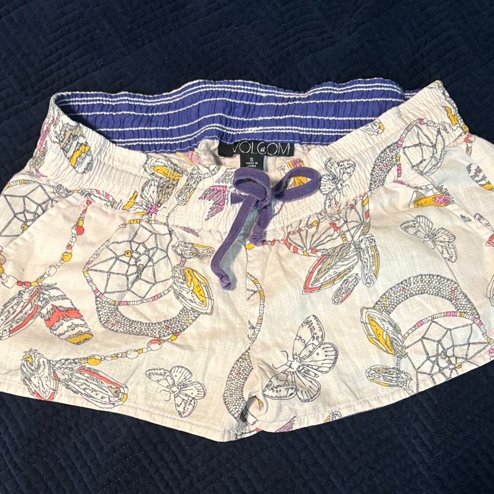 Volcom Cream Dreamcatcher Shorts with Purple Drawstring